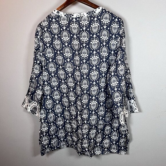 Sigrid Olsen Tunic Top Women’s Size L 100% Linen Navy & White 3/4 Sleeve Casual - Picture 2 of 6